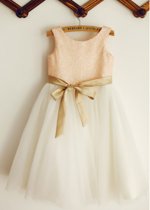 Blush Pink Sequin Ivory Tulle Knee Length Sparkly Flower Girl Dress